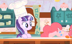 Size: 400x244 | Tagged: safe, screencap, pinkie pie, starlight glimmer, earth pony, pony, unicorn, g4, the cutie re-mark, animated, candy, cupcake, eating, female, food, friends are always there for you, horn, kitchen, lollipop