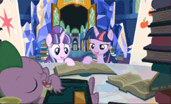 Size: 400x243 | Tagged: safe, screencap, spike, starlight glimmer, twilight sparkle, alicorn, pony, g4, the cutie re-mark, animated, book, female, friends are always there for you, mare, reading, sleeping, twilight sparkle (alicorn), twilight's castle