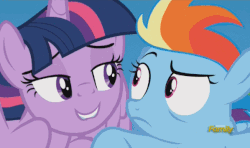Size: 598x354 | Tagged: safe, screencap, rainbow dash, twilight sparkle, alicorn, pegasus, pony, g4, season 5, the cutie re-mark, animated, bedroom eyes, discovery family logo, eye contact, eye flutter, eyebrow wiggle, eyelashes, female, filly, filly rainbow dash, flying, frown, grin, implied lesbian, lidded eyes, lip bite, mare, out of context, raised eyebrow, smiling, stranger danger, this will end in jail time, this will end in timeline distortion, twilest dashle, twilight is a foal fiddler, twilight sparkle (alicorn), wide eyes