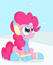 Size: 1280x1563 | Tagged: safe, artist:mr-degration, pinkie pie, g4, clothes, earmuffs, female, scarf, snow, snowfall, solo