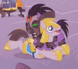 Size: 562x497 | Tagged: safe, screencap, rubinstein, crystal pony, earth pony, pony, g4, the cutie re-mark, alternate timeline, animated, armor, child friendly warfare, crystal war timeline, earth pony royal guard, frown, loop, male, mind control, open mouth, prone, royal guard, sombra soldier, stallion, weaponized hug, wide eyes, wrestling