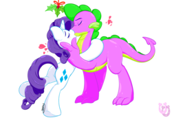 Size: 1580x1087 | Tagged: safe, artist:shadowhulk, rarity, spike, dragon, pony, unicorn, g4, bipedal, butt, duo, female, holly, holly mistaken for mistletoe, kiss on the lips, kissing, making out, male, mare, older, older spike, plot, ship:sparity, shipping, simple background, straight, transparent background