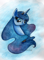 Size: 839x1143 | Tagged: safe, artist:lunar-white-wolf, princess luna, g4, female, solo, traditional art, watercolor painting