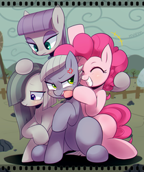 Size: 1278x1520 | Tagged: safe, artist:maren, limestone pie, marble pie, maud pie, pinkie pie, earth pony, pony, angry, blushing, cross-popping veins, eyes closed, female, film, grin, hair over one eye, mare, open mouth, pie sisters, sisters, smiling