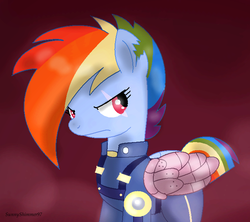 Size: 706x628 | Tagged: safe, artist:a-r-i-a-1997, artist:sunnyshimmer97, rainbow dash, g4, the cutie re-mark, amputee, apocalypse dash, artificial wings, augmented, clothes, crystal war timeline, female, mechanical wing, prosthetic limb, prosthetic wing, prosthetics, scar, solo, that was fast, torn ear, uniform, wings