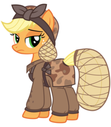 Size: 2600x3000 | Tagged: safe, artist:cheezedoodle96, applejack, earth pony, pony, g4, the cutie re-mark, .svg available, alternate timeline, applecalypsejack, apron, bandana, camouflage, clothes, crystal war timeline, female, frown, hairnet, high res, jumpsuit, looking at you, looking back, mare, sad, simple background, solo, svg, transparent background, vector