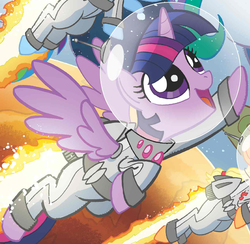 Size: 1373x1339 | Tagged: safe, idw, applejack, rainbow dash, twilight sparkle, alicorn, pony, g4, spoiler:comic, astronaut, clothes, costume, female, jetpack, mare, outfit catalog, twilight sparkle (alicorn)