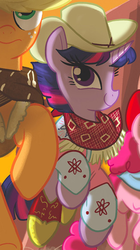Size: 330x591 | Tagged: safe, idw, applejack, pinkie pie, twilight sparkle, g4, spoiler:comic, back to the future, clothes, cowgirl, cowgirl outfit, marty mcfly, outfit catalog, twilight eastwood
