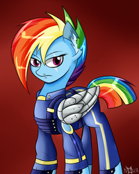 Size: 1200x1500 | Tagged: safe, artist:novaspark, rainbow dash, g4, the cutie re-mark, amputee, apocalypse dash, artificial wings, augmented, clothes, crystal war timeline, female, mechanical wing, prosthetic limb, prosthetic wing, prosthetics, scar, solo, torn ear, uniform, wings