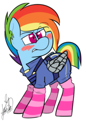 Size: 1138x1600 | Tagged: safe, artist:befishproductions, rainbow dash, g4, the cutie re-mark, amputee, apocalypse dash, artificial wings, augmented, clothes, crystal war timeline, female, mechanical wing, prosthetic limb, prosthetic wing, prosthetics, signature, simple background, socks, solo, striped socks, torn ear, transparent background, wings