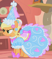 Size: 559x638 | Tagged: safe, screencap, applejack, earth pony, pony, g4, look before you sleep, angry, clothes, cropped, dress, female, froufrou glittery lacy outfit, glare, golden oaks library, hennin, jewelry, mare, necklace, outfit catalog, pearl necklace, princess applejack, puffy sleeves, solo
