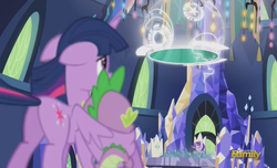 Size: 1621x985 | Tagged: safe, screencap, spike, starlight glimmer, twilight sparkle, alicorn, dragon, pony, unicorn, g4, the cutie re-mark, butt, cutie map, discovery family logo, female, friendship throne, hug, mare, plot, protecting, s5 starlight, spikelove, time vortex, twilight sparkle (alicorn), winghug