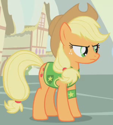 Size: 307x339 | Tagged: safe, screencap, applejack, earth pony, pony, g4, winter wrap up, clothes, cropped, female, mare, outfit catalog, plant team, solo, vest, winter wrap up vest