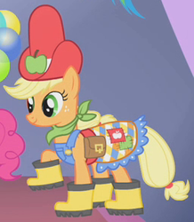 Size: 256x294 | Tagged: safe, screencap, applejack, pinkie pie, earth pony, pony, g4, suited for success, bandana, clothes, cropped, dress, female, gala dress, galoshes, mare, outfit catalog, solo focus, ten gallon hat