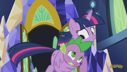 Size: 1739x987 | Tagged: safe, screencap, spike, twilight sparkle, alicorn, dragon, pony, g4, my little pony: friendship is magic, the cutie re-mark, discovery family logo, duo, duo male and female, female, hug, male, mare, protecting, spikelove, twilight sparkle (alicorn), winghug