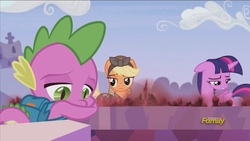 Size: 1920x1080 | Tagged: safe, screencap, applejack, spike, twilight sparkle, alicorn, pony, g4, the cutie re-mark, alternate timeline, applecalypsejack, crystal war timeline, cutie map, discovery family logo, female, mare, sad, twilight sparkle (alicorn)