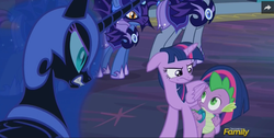 Size: 1172x592 | Tagged: safe, screencap, ink eclipse, moody blue, nightmare moon, spike, twilight sparkle, alicorn, bat pony, pony, g4, the cutie re-mark, alternate timeline, discovery family logo, ethereal mane, female, mare, nightmare takeover timeline, twilight sparkle (alicorn)