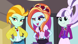 Size: 2548x1434 | Tagged: dead source, safe, alternate version, artist:xebck, adagio dazzle, aria blaze, coloratura, lightning dust, sassy saddles, sonata dusk, equestria girls, g4, the mane attraction, alternate universe, amulet, clothes, countess coloratura, cute, cutie mark accessory, cutie mark earrings, dustabetes, ear piercing, earring, equestria girls-ified, gem, jewelry, necklace, open mouth, piercing, ponytail, punk, rara, rarabetes, sassybetes, siren gem, skirt, smiling, spikes, the dazzlings, thin, trio, vector