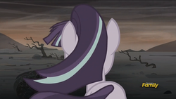 Size: 1273x718 | Tagged: safe, screencap, starlight glimmer, g4, the cutie re-mark, alternate timeline, ashlands timeline, barren, discovery family logo, female, implied genocide, post-apocalyptic, s5 starlight, solo, wasteland, windswept mane