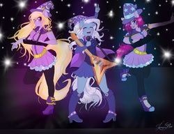 Size: 2600x2000 | Tagged: dead source, safe, artist:imaginesilver, fuchsia blush, lavender lace, trixie, equestria girls, g4, my little pony equestria girls: rainbow rocks, background human, band, cape, clothes, electric guitar, eyes closed, female, flying v, group, guitar, hat, high res, legs, microphone, musical instrument, open mouth, raised leg, request, requested art, signature, singing, skirt, smiling, synthesizer, tricks up my sleeve, trixie and the illusions, trixie's hat, wizard hat