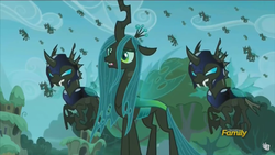 Size: 1366x768 | Tagged: safe, screencap, queen chrysalis, changeling, changeling queen, g4, the cutie re-mark, alternate timeline, changeling officer, chrysalis resistance timeline, discovery family logo, female