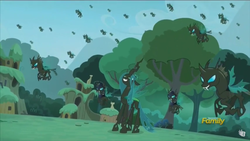 Size: 1366x768 | Tagged: safe, screencap, queen chrysalis, changeling, changeling queen, g4, the cutie re-mark, alternate timeline, changeling officer, chrysalis resistance timeline, discovery family logo, female