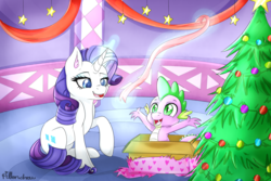 Size: 3000x2000 | Tagged: safe, artist:pillonchou, rarity, spike, g4, christmas, christmas tree, female, high res, male, palindrome get, present, ship:sparity, shipping, straight, tree