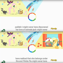 Size: 1910x1920 | Tagged: safe, screencap, applejack, fluttershy, rainbow dash, g4, the cutie re-mark, discovery family logo, meme, youtube caption