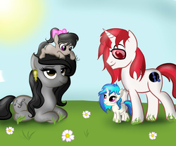 Size: 3000x2500 | Tagged: safe, artist:marylinnblack, dj pon-3, long play, octavia melody, vinyl scratch, oc, oc:capriccio melody, g4, alternate hairstyle, brother and sister, cute, earring, female, filly, flower, grass, high res, piercing, sisters, sunglasses, younger
