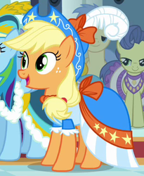 Size: 304x371 | Tagged: safe, screencap, applejack, goldengrape, masquerade, rainbow dash, sir colton vines iii, g4, magical mystery cure, clothes, coronation dress, dress, female, outfit catalog, solo