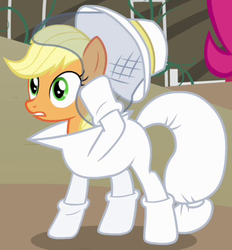 Size: 342x369 | Tagged: safe, screencap, applejack, castle mane-ia, g4, beekeeper, clothes, costume, female, outfit catalog, solo