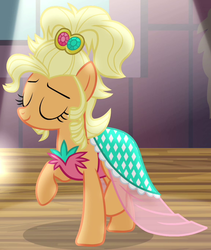 Size: 574x681 | Tagged: safe, screencap, applejack, earth pony, pony, g4, simple ways, applejewel, clothes, dress, eyes closed, female, mare, outfit catalog, solo