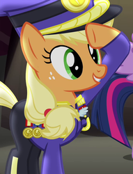 Size: 550x720 | Tagged: safe, screencap, applejack, colonel purple dart, twilight sparkle, pony, g4, testing testing 1-2-3, ancient wonderbolts uniform, clothes, costume, cropped, female, hat, mare, outfit catalog, salute, twilight sparkle (alicorn), uniform