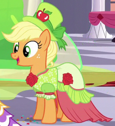 Size: 297x324 | Tagged: safe, screencap, applejack, smooze, g4, make new friends but keep discord, clothes, cropped, dress, female, gala dress, outfit catalog, puffy sleeves, solo