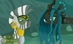 Size: 1346x809 | Tagged: safe, artist:mastersoulsilver, queen chrysalis, zecora, changeling, changeling queen, zebra, g4, the cutie re-mark, alternate hairstyle, alternate timeline, bag, camouflage, chrysalis resistance timeline, female, resistance leader zecora