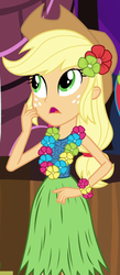 Size: 265x609 | Tagged: safe, screencap, applejack, equestria girls, g4, my little pony equestria girls: rainbow rocks, shake your tail, clothes, cowboy hat, female, grass skirt, hat, hula, hulajack, lei, outfit catalog, skirt, solo, stetson