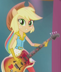 Size: 385x454 | Tagged: safe, screencap, applejack, equestria girls, g4, my little pony equestria girls: rainbow rocks, bass guitar, female, musical instrument, outfit catalog, ponied up, solo