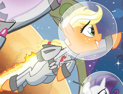 Size: 974x748 | Tagged: safe, idw, applejack, rarity, twilight sparkle, earth pony, pony, g4, spoiler:comic, astronaut, clothes, costume, jetpack, outfit catalog, spacesuit