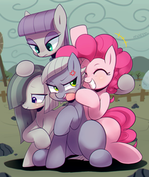 Size: 1278x1520 | Tagged: safe, artist:maren, limestone pie, marble pie, maud pie, pinkie pie, earth pony, pony, angry, blushing, cross-popping veins, cute, diapinkes, eyes closed, eyeshadow, female, fence, grin, group hug, hair over one eye, makeup, mare, non-consensual cuddling, open mouth, pie sisters, pixiv, rock farm, sitting, smiling
