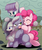 Size: 1278x1520 | Tagged: safe, artist:maren, limestone pie, marble pie, maud pie, pinkie pie, earth pony, pony, g4, angry, blushing, cross-popping veins, cute, diapinkes, eyes closed, eyeshadow, female, fence, grin, group hug, hair over one eye, makeup, mare, non-consensual cuddling, open mouth, pie sisters, pixiv, rock farm, sitting, smiling