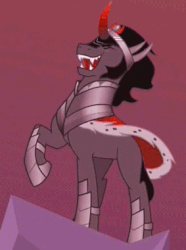 Size: 283x380 | Tagged: safe, screencap, king sombra, pony, unicorn, g4, season 5, the cutie re-mark, alternate timeline, animated, cape, clothes, crystal war timeline, evil laugh, laughing, majestic, male, raised hoof, solo, sombra's cape, stallion, stupid sexy sombra, xd