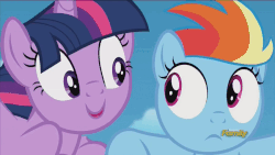 Size: 900x506 | Tagged: safe, screencap, rainbow dash, twilight sparkle, alicorn, pony, g4, season 5, the cutie re-mark, animated, discovery family logo, female, filly, filly rainbow dash, i am an adult, it makes sense in context, lidded eyes, mare, not creepy, out of context, rainbow dash is best facemaker, stranger danger, this will end in jail time, twilest dashle, twilight is a foal fiddler, twilight sparkle (alicorn), younger
