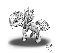 Size: 679x611 | Tagged: safe, artist:shadow strike, rainbow dash, cyborg, g4, the cutie re-mark, alternate hairstyle, apocalypse dash, clothes, female, monochrome, scar, solo, torn ear