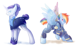 Size: 1500x900 | Tagged: safe, artist:rustyscreech, rainbow dash, rarity, pegasus, pony, unicorn, g4, the cutie re-mark, alternate hairstyle, apocalypse dash, clothes, crystal war timeline, hair bun, night maid rarity, nightmare takeover timeline, prosthetic limb, scar, simple background, spread wings, uniform, white background, wings