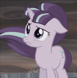 Size: 473x480 | Tagged: safe, screencap, starlight glimmer, pony, unicorn, the cutie re-mark, adventure in the comments, alternate timeline, animated, ashlands timeline, barren, eye shimmer, female, floppy ears, frown, gif, gritted teeth, implied genocide, loop, mare, now you fucked up, post-apocalyptic, sad, sad face, sadlight glimmer, solo, this will end in tears, windswept mane, worried, you dun goofed