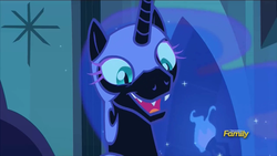 Size: 1366x768 | Tagged: safe, screencap, nightmare moon, pony, g4, the cutie re-mark, alternate timeline, cute, discovery family logo, faic, fangs, female, happy, moon moon, moonabetes, moonie snacks, nightmare moon moon, nightmare takeover timeline, open mouth, sharp teeth, smiling, solo, teeth
