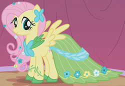 Size: 687x473 | Tagged: safe, screencap, fluttershy, pegasus, pony, g4, suited for success, clothes, cropped, dress, female, gala dress, mare, outfit catalog, solo
