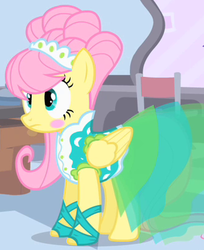 Size: 326x400 | Tagged: safe, screencap, fluttershy, pony, g4, green isn't your color, alternate hairstyle, clothes, dress, female, flutterbeautiful, modelshy, outfit catalog, solo