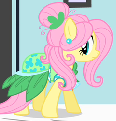 Size: 371x386 | Tagged: safe, screencap, fluttershy, pony, g4, green isn't your color, alternate hairstyle, clothes, dress, female, hair bun, outfit catalog, solo