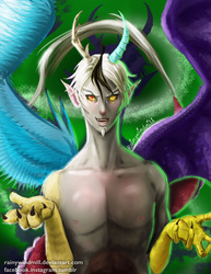 Size: 2550x3300 | Tagged: safe, artist:rainywindmill, discord, human, g4, chaos, high res, horn, horned humanization, humanized, male, solo, watermark, winged humanization
